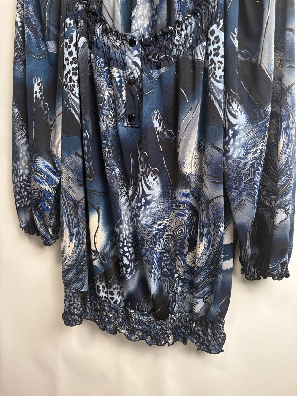 Dress Barn Blue and Black Abstract Print Peasant Blouse
